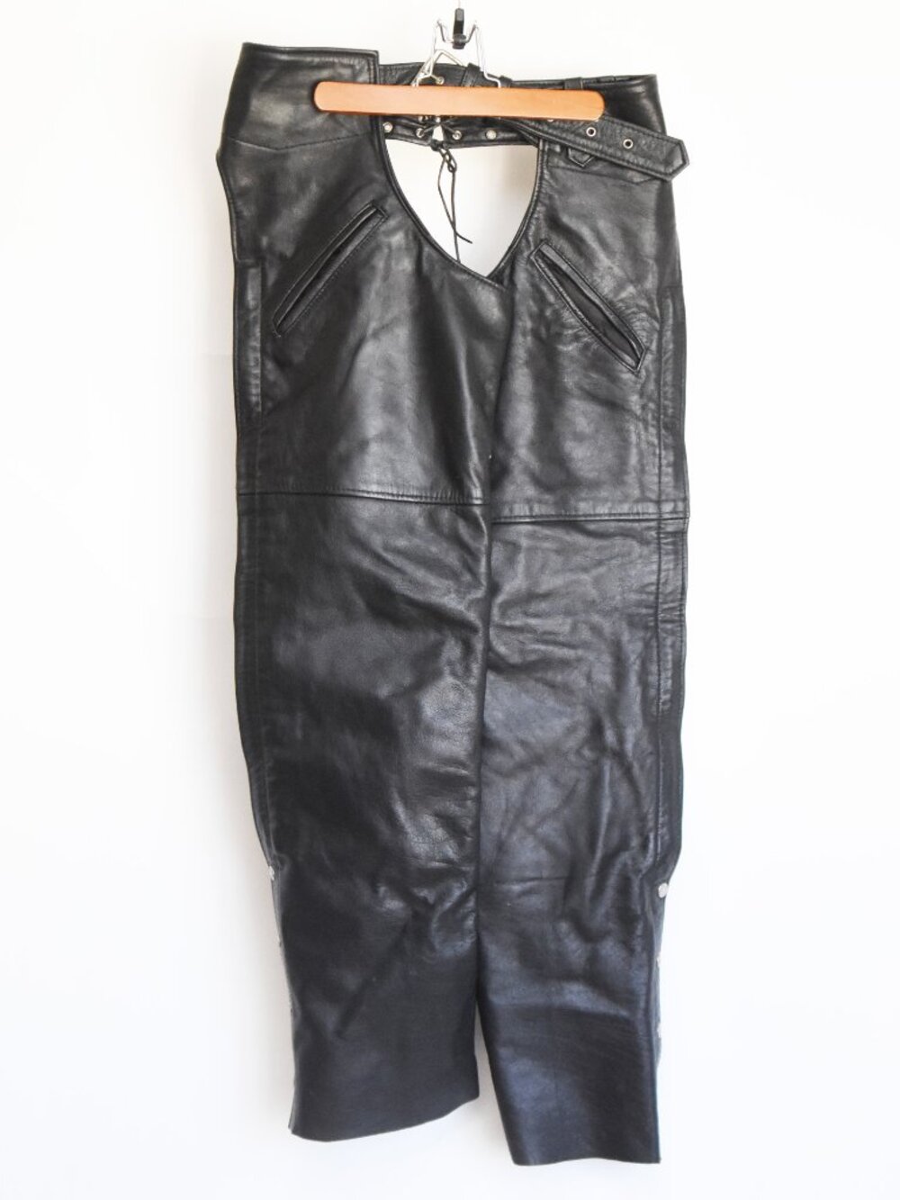 Barney's Mens Leather Motorcycle Chaps Black Snap Out Quilted Liner Medium